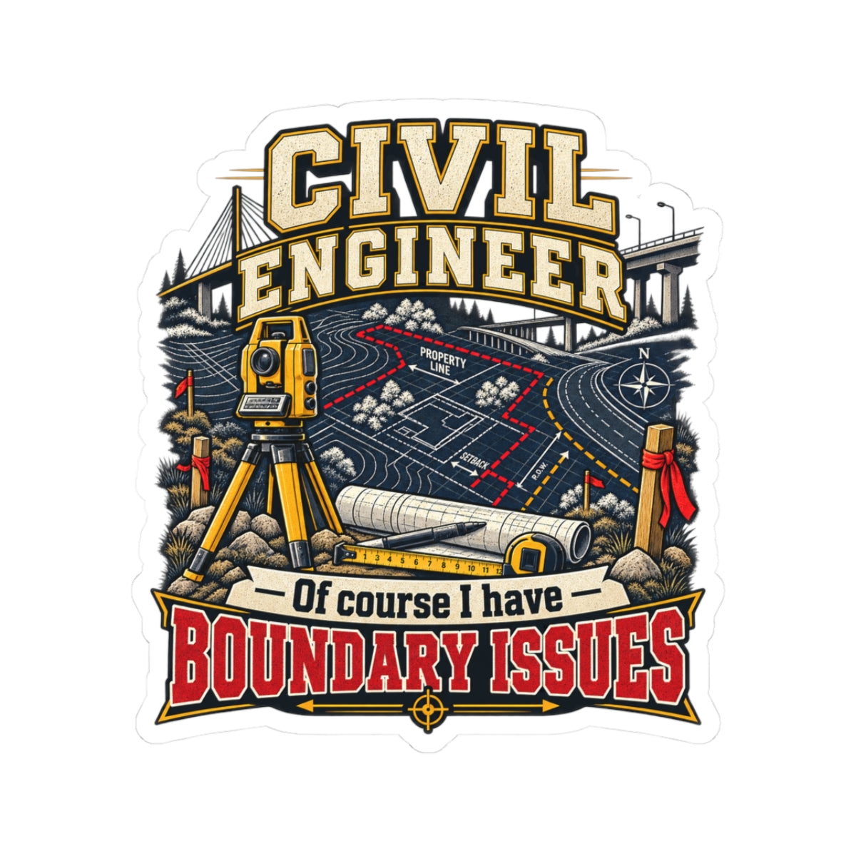 Civil Engineer Sticker — "Of Course I Have Boundary Issues" Kiss-Cut Decal